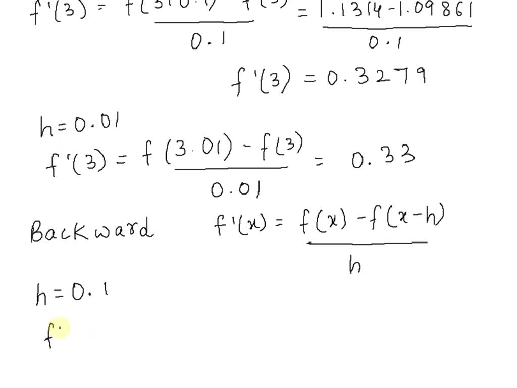 SOLVED: Approximate the derivative of f(x)=lnx at x=3 using forward ...