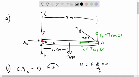 2a-uniform-beam-weighs-515-n-and-has-300-m-length-the-left-end-point-a-hinged-to-a-wall-the-right-is-supported-by-a-cable-that-has-tension-the-wall-applies-horizontal-and-vertical-forces-at-49667