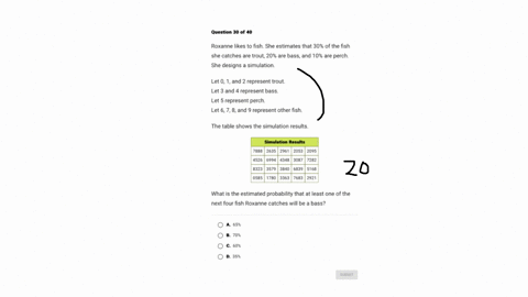 question-30-of-40-roxanne-likes-to-fish-she-estimates-that-30-of-the-fish-she-catches-are-trout-20-are-bass-and-10-are-perch-she-designs-a-simulation-let-01-and-2-represent-trout-let-3-and-4-represent