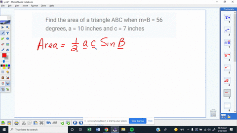 find-the-area-of-a-triangle-abc-when-mb-56-degrees-a-10-inches-and-c-7-inches-46563