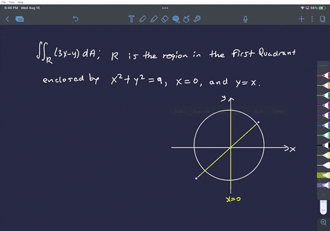 point-evaluate-the-double-integral-3x-y-da-where-r-is-the-region-in-the-first-quadrant-enclosed-by-the-circle-x2-y2-9-and-the-lines-x-0-and-y-x-by-changing-to-polar-coordinates-answer-07397
