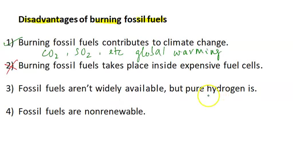 SOLVED: Which sentences describe describe disadvantages of burning fossil  fuel? (More than one can be selected) A. burning fossil fuels contributes  to climate change B. Burning fossil fuels takes place inside expensive