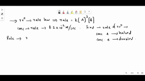 a-reaction-obeys-the-rate-law-rate-k-a2b-at-some-set-of-concentrations-the-rate-is-found-to-be-82-x-10-2-msec-what-will-be-the-rate-of-reaction-if-the-concentration-of-a-is-halved-and-the-co-70163