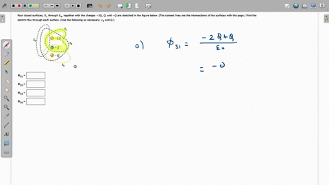 four-closed-surfaces-s1-through-s4-together-with-the-charges-20-q-and-are-sketched-the-figure-below-the-colored-iines-are-the-intersections-af-the-surfaces-with-the-page-find-the-electric-fl-34526