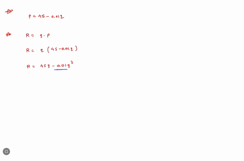 the-demand-equation-for-a-product-is-p45-001-q-write-the-revenue-as-a-function-of-q-and-find-the-qua-58175