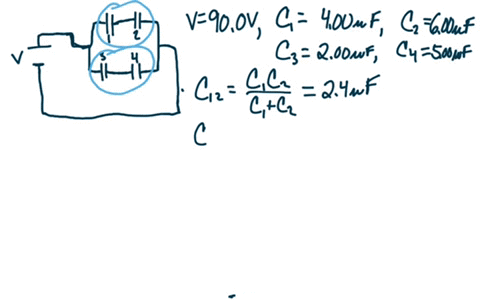 for-the-system-of-capacitors-shown-in-the-figure-below-find-the-following-let-c1-400-f-and-c2-500-f-a-circuit-consists-of-a-900-v-battery-and-four-capacitors-the-wire-begins-at-the-positive-11327