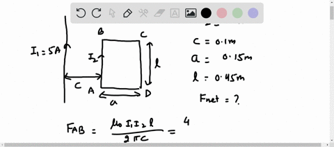 in-the-figure-below-the-current-in-the-long-straight-wire-is-i1-500-a-and-the-wire-lies-in-the-plane-of-the-rectangular-loop-which-carries-a-current-i2-100-a-the-dimensions-in-the-figure-are-96578