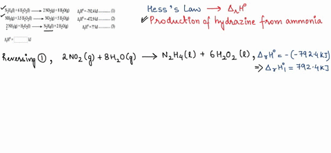 hydrazine-nzh4-is-synthesised-by-the-oxidation-reaction-of-ammonia-with-hydrogen-peroxide-hzo2-use-hesss-law-and-the-thermochemical-equations-labelled-and-2-below-and-their-standard-enthalpy-28709