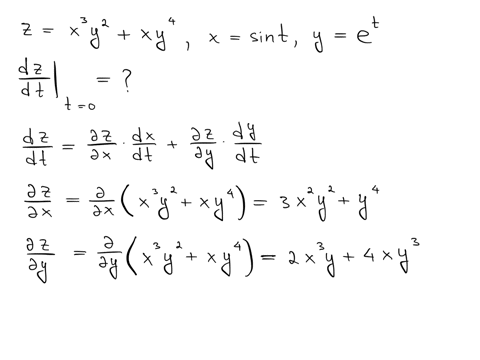 evaluate-derivative-dzdt-at-t0-for-zx3y2xy4-xsin-t-yet