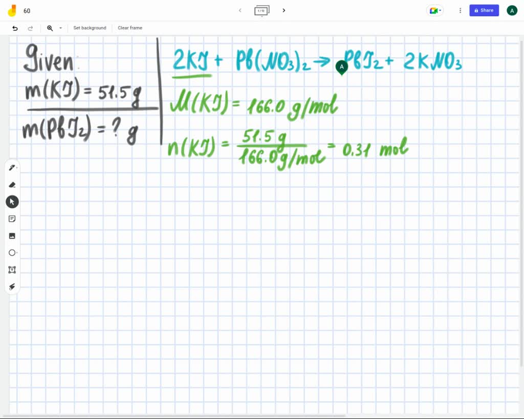 SOLVED For the reaction 2KI + Pb(NO3)2 âŸ¶ PbI2 + 2KNO3, how many