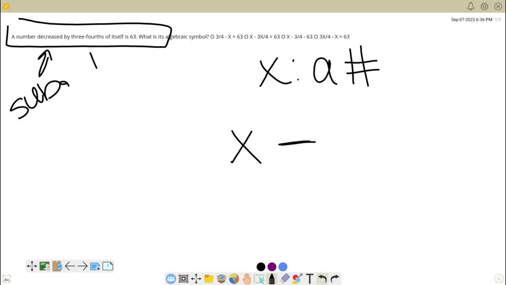 three times a number x decreased by 1 is equal to 4