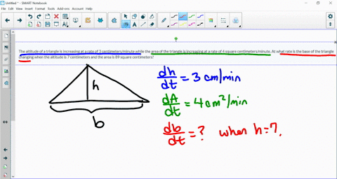 the-altitude-of-a-triangle-is-increasing-at-a-rate-of-3-centimetersminute-while-the-area-of-the-triangle-is-increasing-at-a-rate-of-4-square-centimetersminute-at-what-rate-is-the-base-of-the-30239