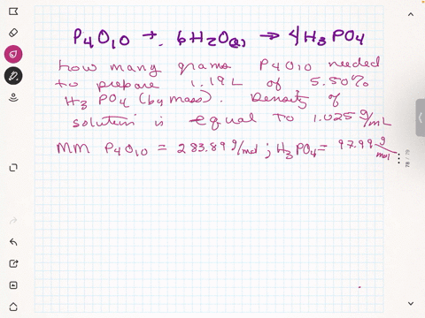 phosphoric-acid-is-prepared-by-dissolving-phosphorous-v-oxide-p4o10-in-water-what-is-the-balanced-equation-for-this-reaction-how-many-grams-of-p4o1o-are-required-to-make-119-l-of-aqueous-sol-86034