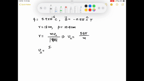 a-particle-of-charge-q59-times-10-6-mathrmc-and-mass-m13-times-10-6-mathrmkg-moving-at-some-initial-velocity-vecv_0-enters-a-region-in-which-a-uniform-magnetic-field-vecb-055-mathrmti-is-suddenly-swit