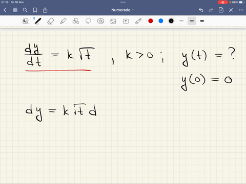 (1 point) Ice is forming on a pond at a rate given by (dy)/(dt) = k√(t ...