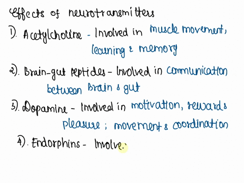 what-are-the-effects-of-the-following-neurotransmitters-acetylcholine-brain-gut-peptides-dopamine-endorphins-gamma-aminobutyric-acid-glutamte-l-dopa-norepinephrine-oxytocin-serotonin-12273