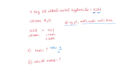 a-436-g-sample-of-an-unknown-alkali-metal-hydroxide-is-dissolved-in-1000-ml-of-water-an-acid-base-indicator-is-added-and-the-resulting-solution-is-titrated-with-250-m-hcl-aq-solution-the-ind-76772