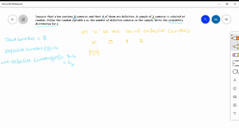 suppose-that-a-box-contains-8-cameras-and-that-4-of-them-are-defective-a-sample-of-2-cameras-is-selected-at-random-define-the-random-variable-x-as-the-number-of-defective-cameras-in-the-sample-write-t