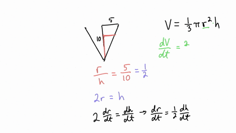 water-runs-into-a-conical-tank-atthe-rate-of-12-ft-min-the-tank-stands-point-down-and-has-height-of-10-and-base-radius-of-5-f-how-fast-is-the-water-level-rising-when-the-water-is-ft-deep-i0-52027