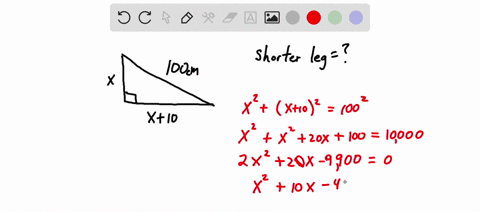 if-the-hypotenuse-of-the-triangle-is-100cm-and-one-side-is-10cm-longer-than-the-other-what-is-the-length-of-the-shorter-leg-84907