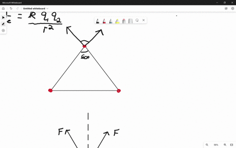 a-triangle-with-equal-sides-of-length-14-cm-has-25-nc-charged-objects-at-each-corner-determine-the-direction-of-the-electrical-force-exerted-on-the-object-at-the-top-corner-due-to-the-two-ob-13927