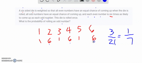 a-six-sided-die-is-weighted-so-that-all-even-numbers-have-an-equal-chance-of-coming-up-when-the-die-is-rolled-all-odd-numbers-have-an-equal-chance-of-coming-up-and-each-even-number-is-six-ti-34552