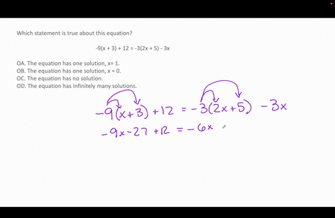 which-statement-is-true-about-this-equation-9x-3-12-32x-5-3x-the-equation-has-one-solution-x-1-ob-the-equation-has-one-solution-x-0-oc-the-equation-has-no-solution-od-the-equation-has-infini-57086