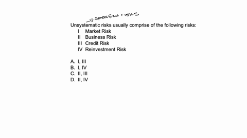 q22-unsystematic-risks-usually-comprise-of-the-following-risks-i-market-risk-ii-business-risk-iii-credit-risk-iv-reinvestment-risk-a-i-iii-b-i-iv-c-ii-iii-d-ii-iv