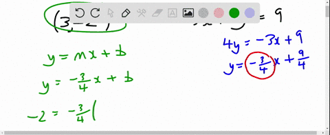 write-a-slope-intercept-equation-for-a-line-passing-theough-3-2-that-is-parallel-to-the-line-3x4y9-then-write-a-second-equation-for-a-line-passing-through-the-point-3-2-that-is-perpendicualr-06284