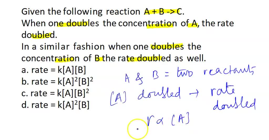 SOLVED: Given the following reaction A + B -> C. The following ...