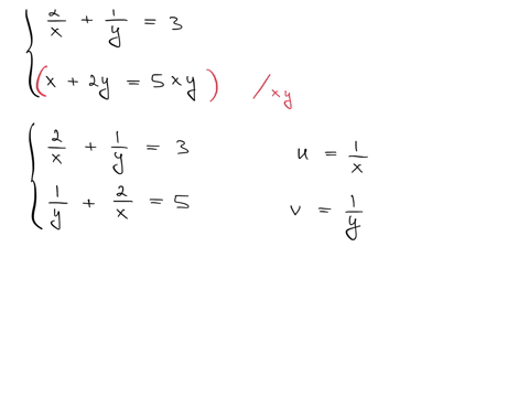 let-ufrac1x-and-vfrac1y-solve-the-following-system-of-equations-for-u-and-v-then-solve-for-x-and-y-leftbeginarrayl-frac2xfrac1y3-x2-y5-x-y-endarrayright-select-the-correct-choice-below-and-if-necess-2