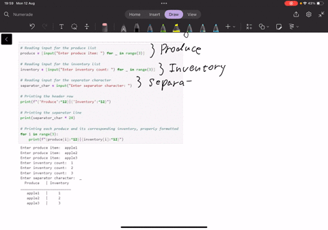 three-strings-are-read-from-input-and-stored-into-list-produce-then-three-more-strings-are-read-from-input-and-stored-into-list-inventory-lastly-string-separator_char-is-read-from-input-use-five-print