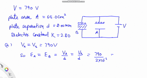 in-the-figure-two-parallel-plate-capacitors-a-and-b-are-connected-in-parallel-across-a-790-v-battery-each-plate-has-area-650-cmth-plate-separations-are-200-mm-capacitor-a-is-filled-with-air-31894