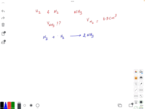 hydrogen-gas-and-nitrogen-gas-react-to-form-ammonia-gas-what-volume-of-ammonia-would-be-produced-by-this-reaction-if-69-cm-of-nitrogen-were-consumed