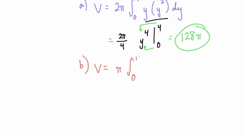 use-the-disk-method-or-the-shell-method-to-find-the-volumes-of-the-solids-generated-by-revolving-the-region-bounded-by-the-graphs-of-the-equations-about-the-given-lines-ysqrtx-quad-y4-quad-x0-a-x-axis
