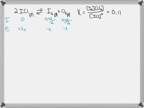 at-a-certain-temperature-the-equilibrium-constant-k-c-equals-011-for-the-reaction-2-icl-g-i-2-g-cl-2-g-what-is-the-equilibrium-concentration-of-icl-if-045-mol-of-i-2-and-045-mol-of-cl-2-are-81342