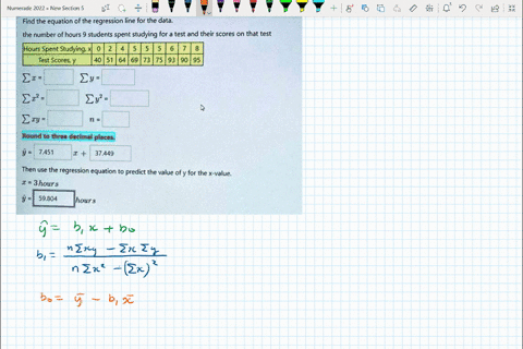 find-the-equation-of-the-regression-line-for-the-data-the-number-of-hours-9-students-spent-studying-for-a-test-and-their-scores-on-that-test-hours-spent-studying-test-scores-y-73-75-95-er-ey-08114