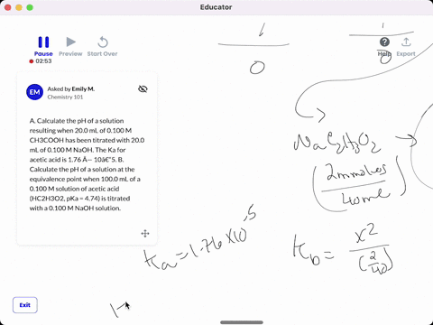 a-calculate-the-ph-of-a-solution-resulting-when-200-ml-of-0100-m-ch3cooh-has-been-titrated-with-200-ml-of-0100-m-naoh-the-ka-for-acetic-acid-is-176-105-b-calculate-the-ph-of-a-solution-at-th-28831