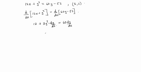 find-an-equation-for-the-line-that-is-tangent-to-the-curve-12x-y-3-60y-52-at-the-point-5-2-use-implicit-differentiation-show-all-algebra-and-steps-please-98914