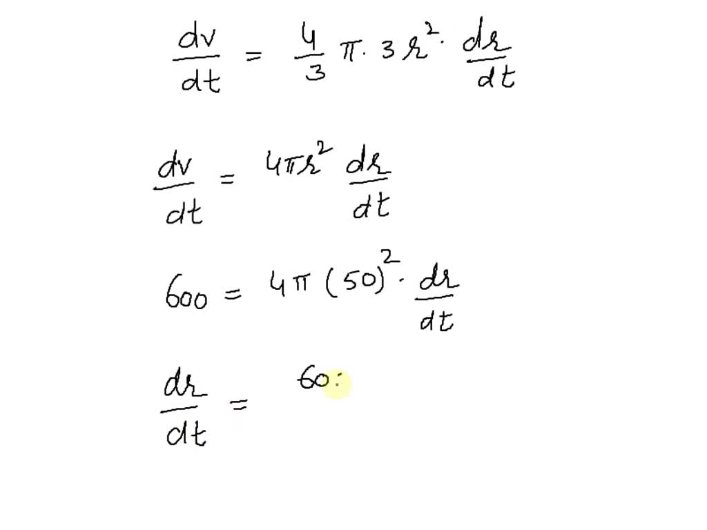 SOLVED: A spherical balloon is inflated with gas at a rate of 600 cubic ...