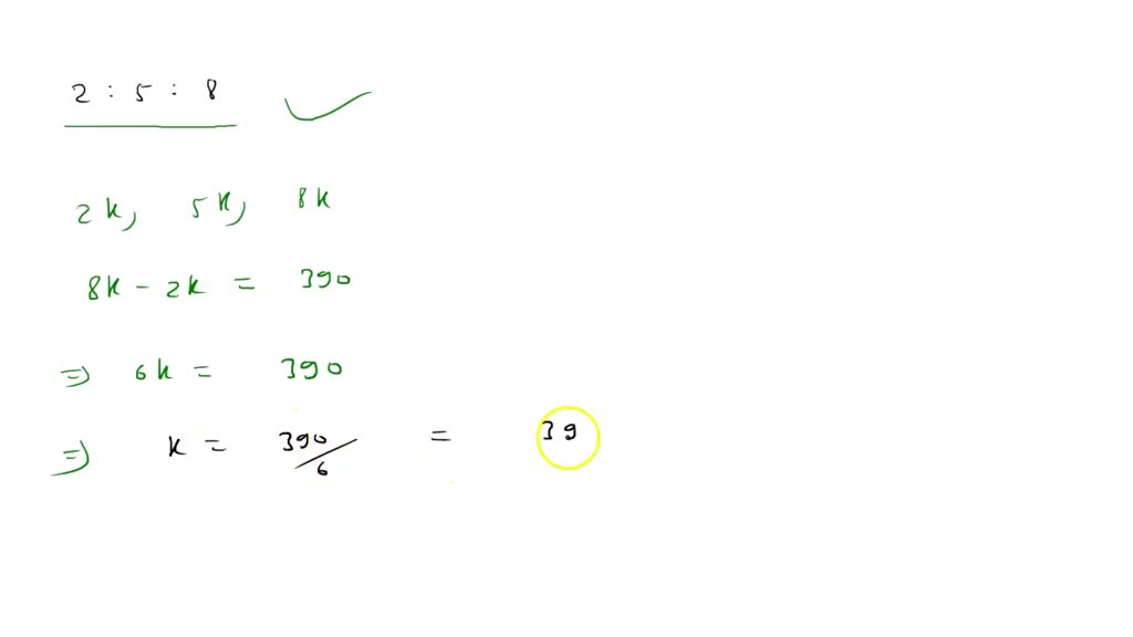 c grams of chocolate is shared in the ratio 2:5:8. The difference between  the largest share and the smallest share is 390g. Work out the value of C.