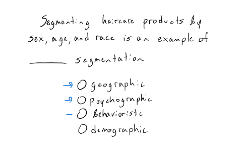 multiple-choice-question-segmenting-haircare-products-by-sex-age-and-race-is-an-example-of-qquad-segmentation-geographic-psychographic-behavioristic-demographic