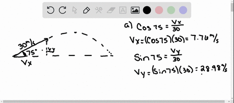 a-projectile-is-launched-at-an-initial-speed-of-30-ms-at-an-angle-of-75-degrees-a-find-the-x-and-y-components-of-the-projectiles-velocity-b-what-is-the-height-and-speed-of-the-projectile-at-04425