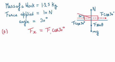a-force-of-100-n-is-applied-at-an-angle-of-30-to-the-horizontal-on-a-125-kg-block-initially-at-rest-on-a-frictionless-surface_-a-what-is-the-magnitude-of-the-blocks-acceleration-b-what-is-th-88859