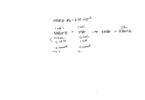 benzoic-acid-is-a-weak-acid-with-a-ka-of-650-x-10-5-what-is-the-ph-of-a-250-ml-050-m-solution-of-sodium-benzoate-after-it-has-been-titrated-with-125-ml-of-a-10-m-solution-of-hbr-a-233-b-305-94585