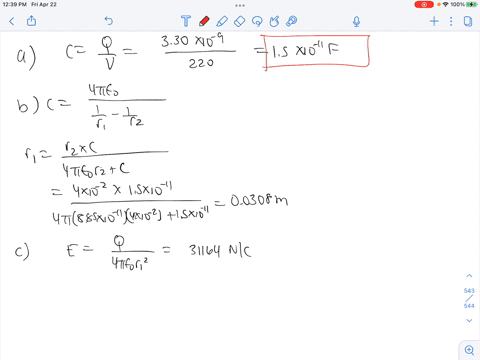 a-spherical-capacitor-contains-a-charge-of-330-nc-when-connected-to-a-potential-difference-of-220-v-if-its-plates-are-separated-by-vacuum-and-the-inner-radius-of-the-outer-shell-is-400-cm-ca-47394