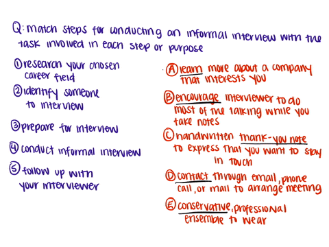 match-the-steps-for-conducting-an-informational-interview-with-the-task-involved-in-each-step-or-its-purpose-1-research-your-chosen-career-field-2-identify-someone-to-interview-3-prepare-for-57446