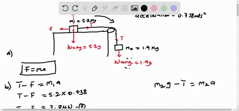 two-blocks-m1-52-kg-and-m2-19-kg-are-connected-by-a-string-the-table-top-is-rough-and-once-allowed-to-move-freely-from-rest-the-blocks-have-an-acceleration-of-magnitude-a-0738-ms2-a-draw-the-free-body