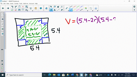 a-large-box-with-an-open-top-is-to-be-constructed-from-a-square-piece-of-sheet-metal-with-side-54-metres-by-cutting-out-squares-from-each-of-the-four-corners-and-bending-up-the-sides-find-the-optimum-