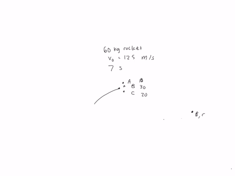 a-60-kg-rocket-is-fired-from-o-with-an-initial-velocity-v0-125-ms-along-the-indicated-trajectory-the-rocket-explodes-7-seconds-after-launch-and-breaks-into-three-pieces-a-b-and-c-having-mass-55959